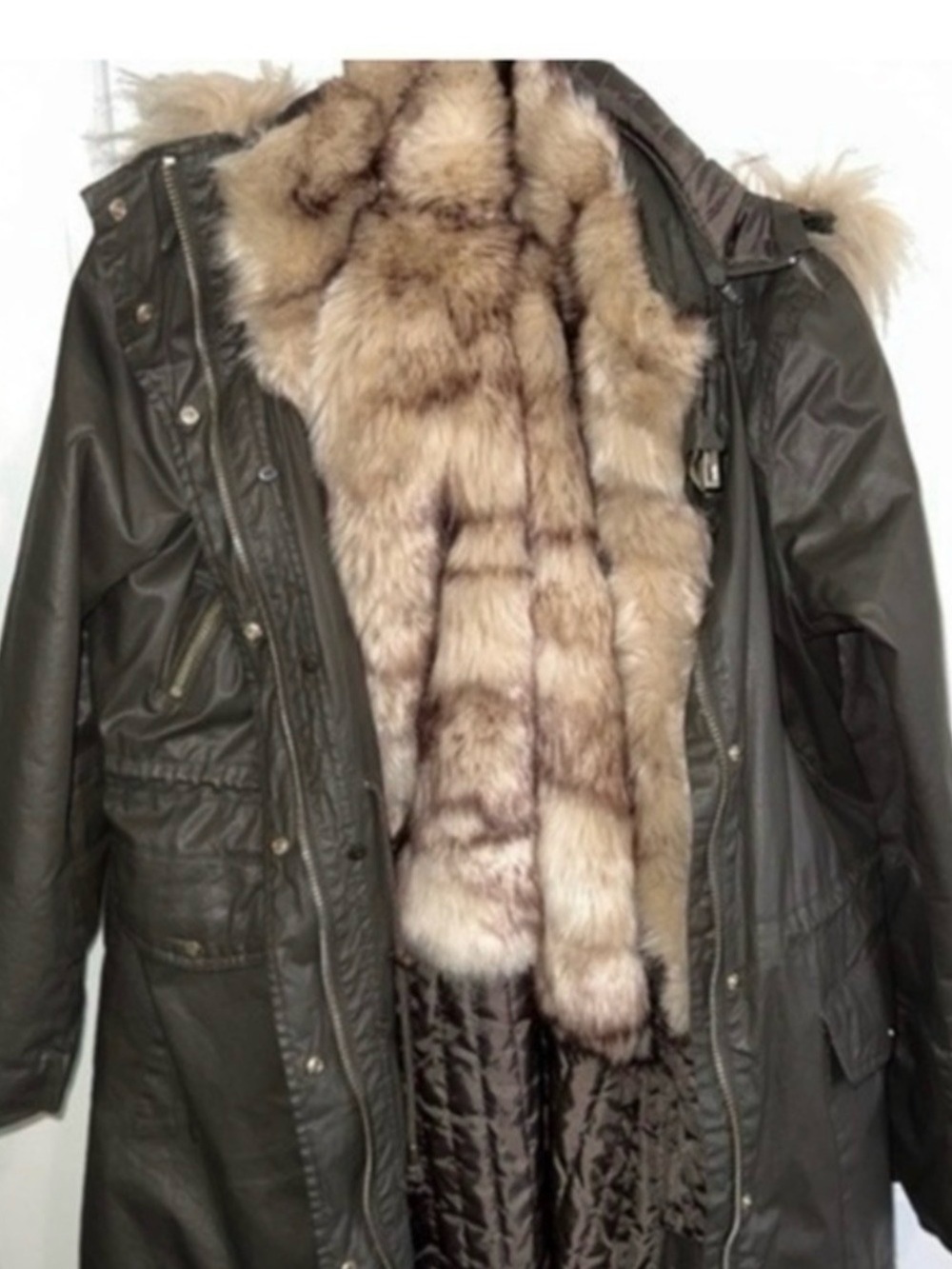 New York & Company Olive Green Puffer Coat with Faux Fur Trim